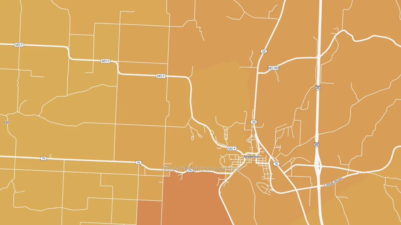 Map of the best neighborhoods in the Bosky Dell area, with better matches in green and worse matches in red