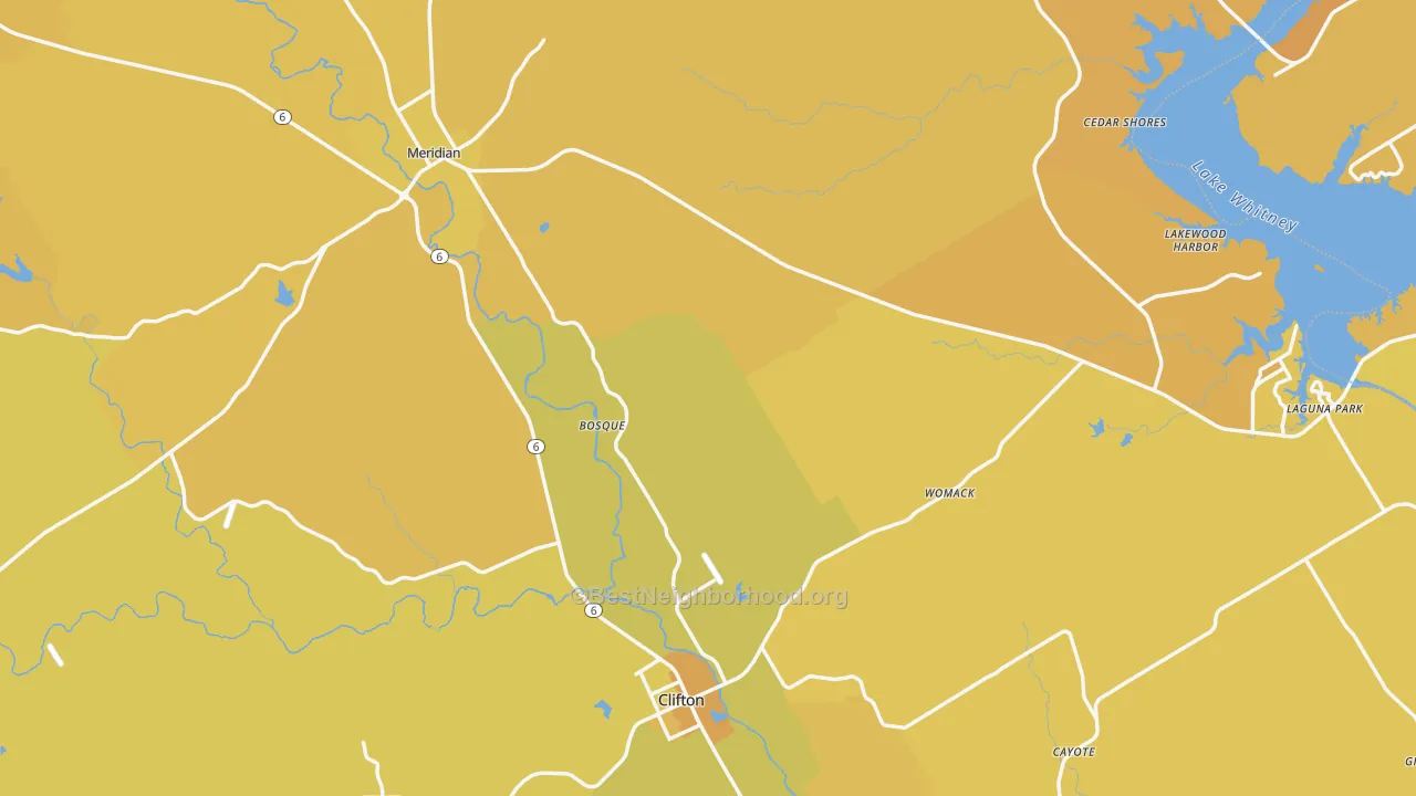 Map of the best neighborhoods in the Bosque County area, with better matches in green and worse matches in red