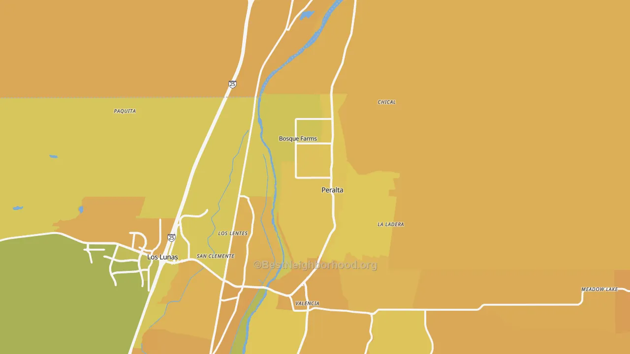 Map of the best neighborhoods in the Bosque Farms area, with better matches in green and worse matches in red