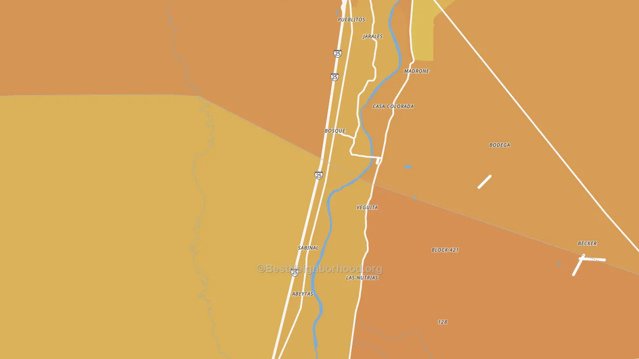 Map of the best neighborhoods in the Bosque area, with better matches in green and worse matches in red
