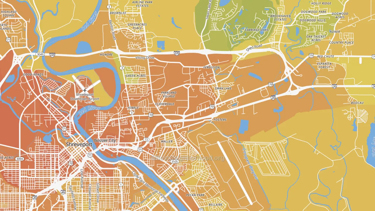 Map of the best neighborhoods in the Bossier City area, with better matches in green and worse matches in red