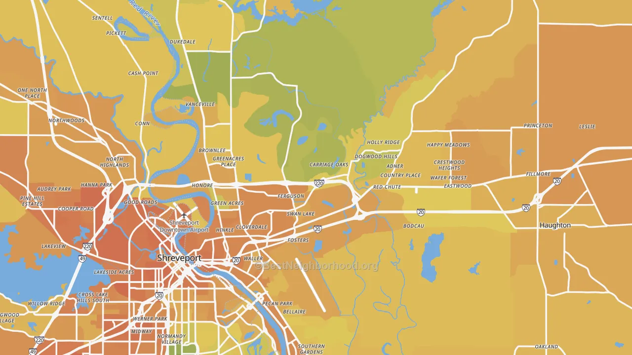 Map of the best neighborhoods in the Bossier Parish area, with better matches in green and worse matches in red