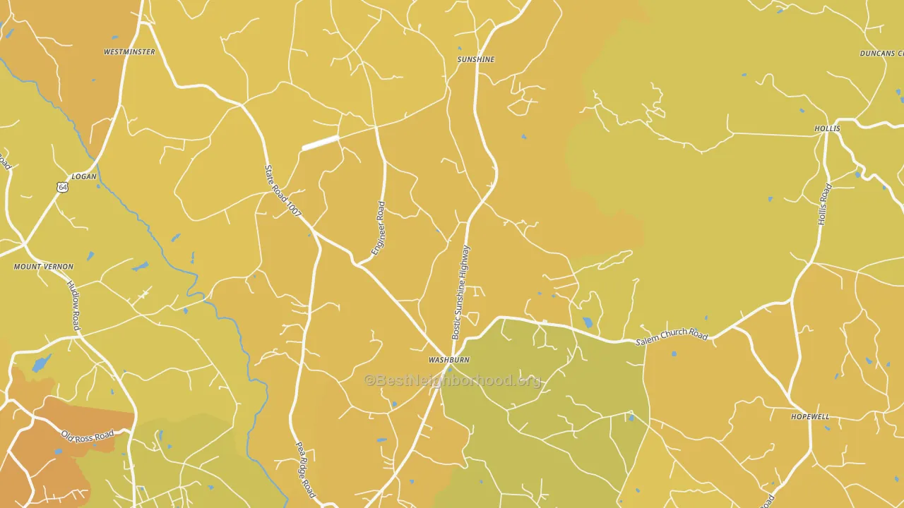 Map of the best neighborhoods in the Bostic area, with better matches in green and worse matches in red