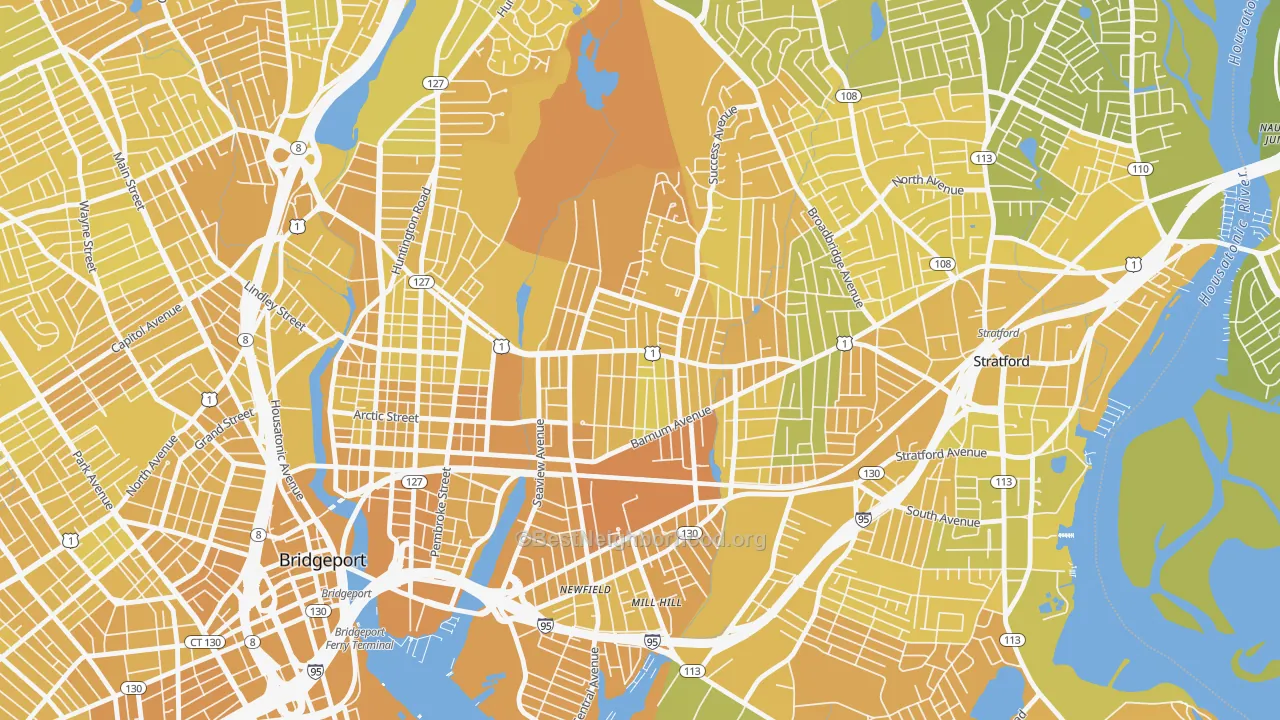 Map of the best neighborhoods in the Boston Avenue-Mill Hill, Bridgeport area, with better matches in green and worse matches in red