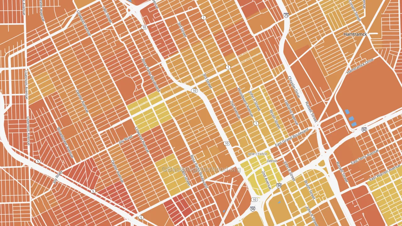Map of the best neighborhoods in the Boston Edison, Detroit area, with better matches in green and worse matches in red