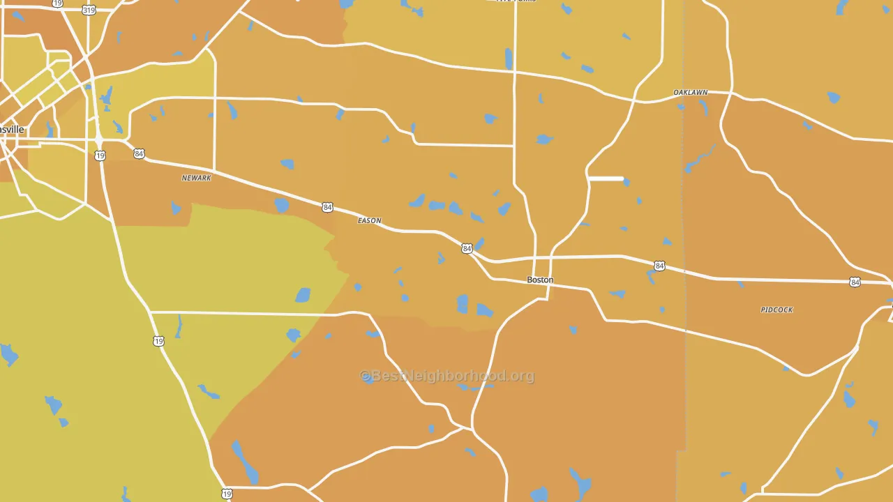 Map of the best neighborhoods in the Boston area, with better matches in green and worse matches in red