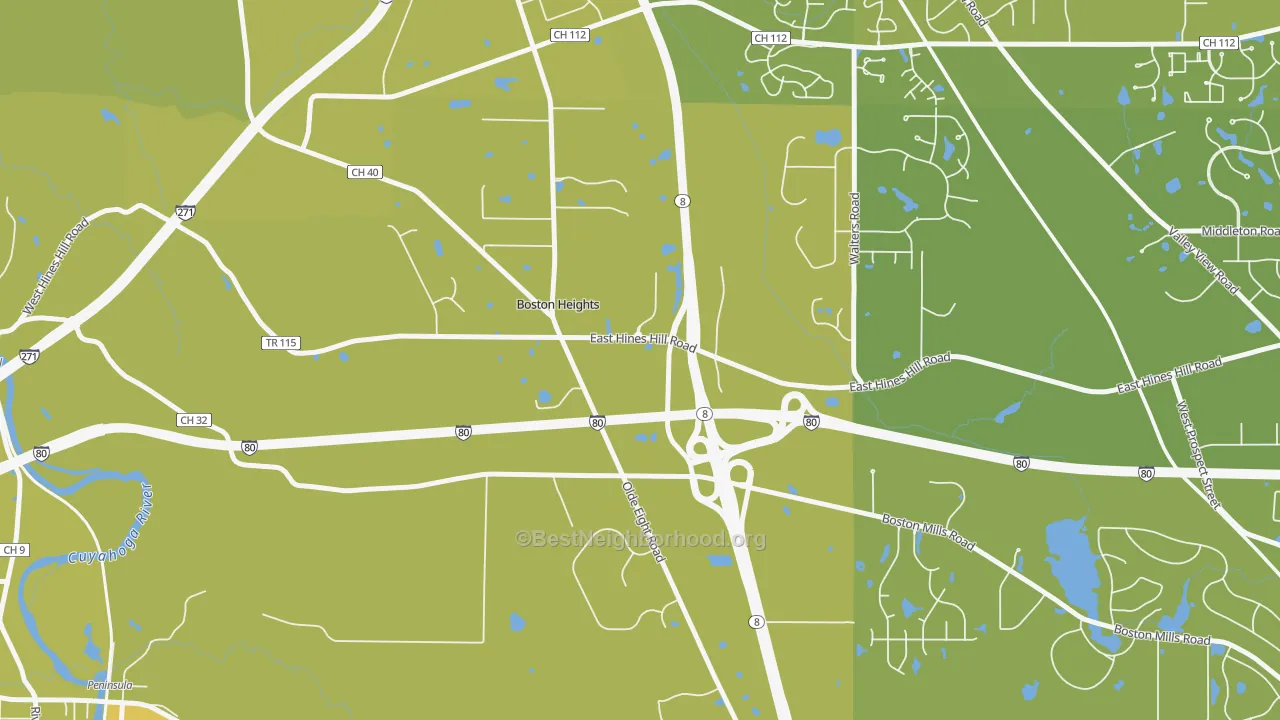 Map of the best neighborhoods in the Boston Heights area, with better matches in green and worse matches in red
