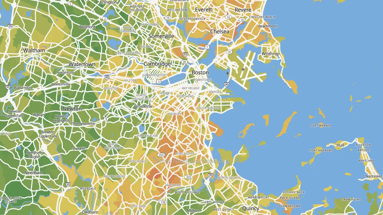 Map of the best neighborhoods in the Boston Metro area, with better matches in green and worse matches in red