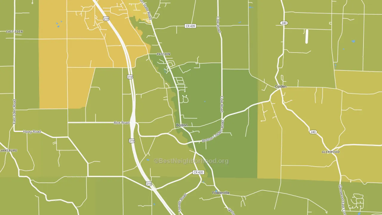 Map of the best neighborhoods in the Boston area, with better matches in green and worse matches in red