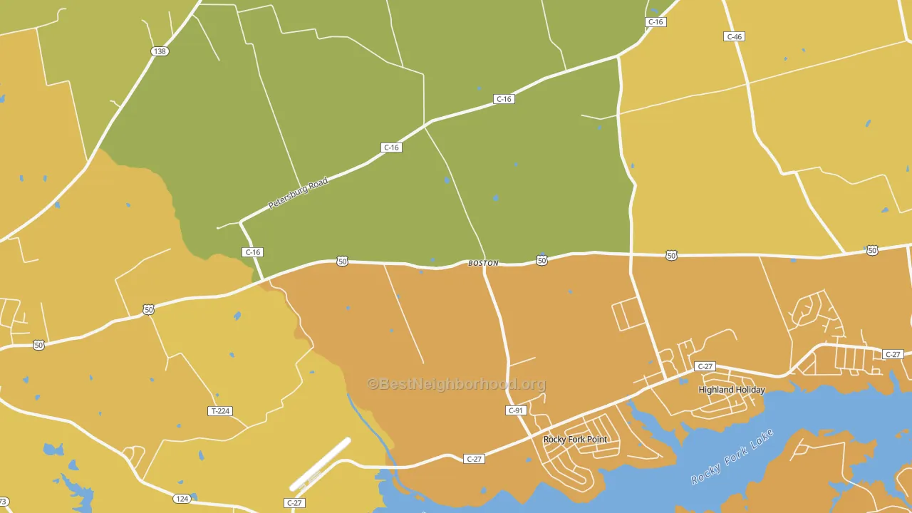 Map of the best neighborhoods in the Boston area, with better matches in green and worse matches in red