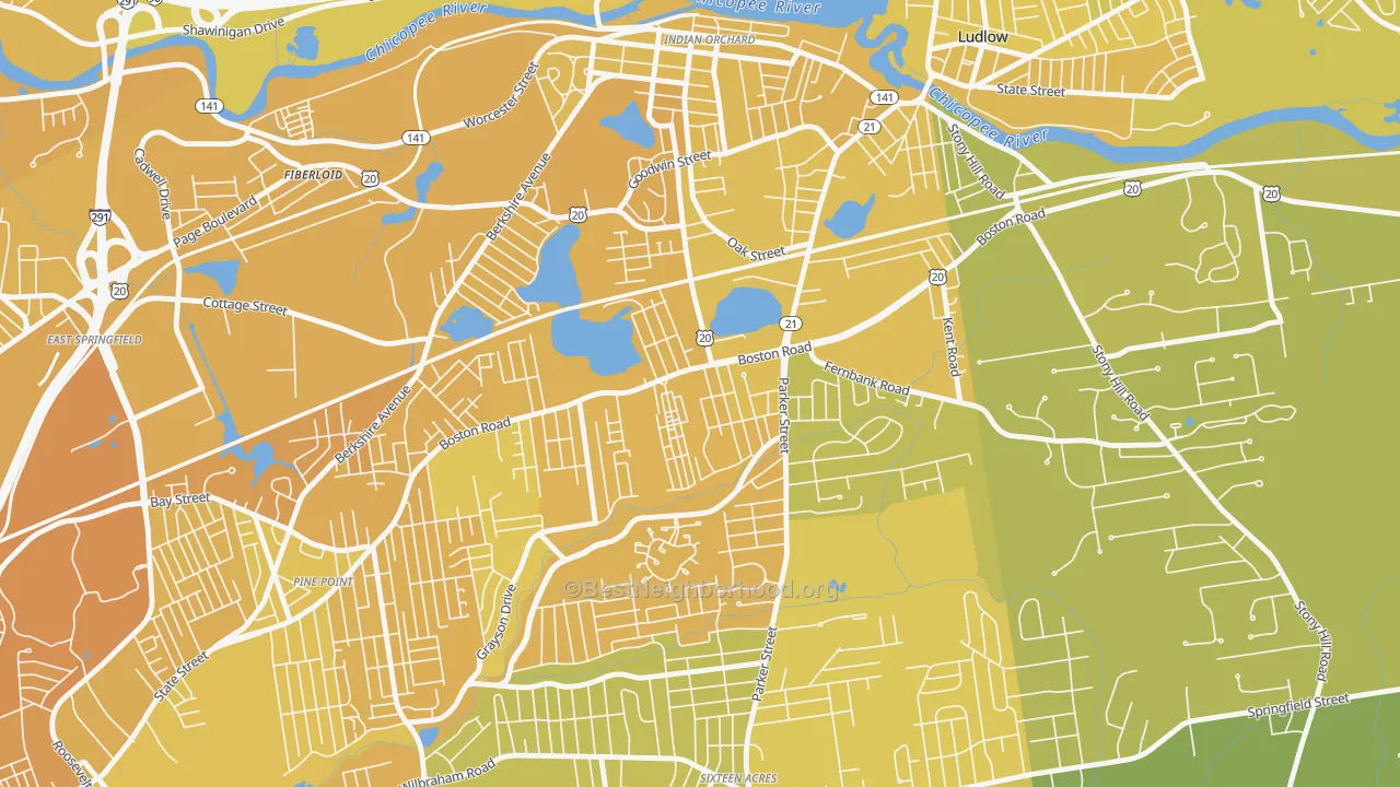 Map of the best neighborhoods in the Boston Road, Springfield area, with better matches in green and worse matches in red