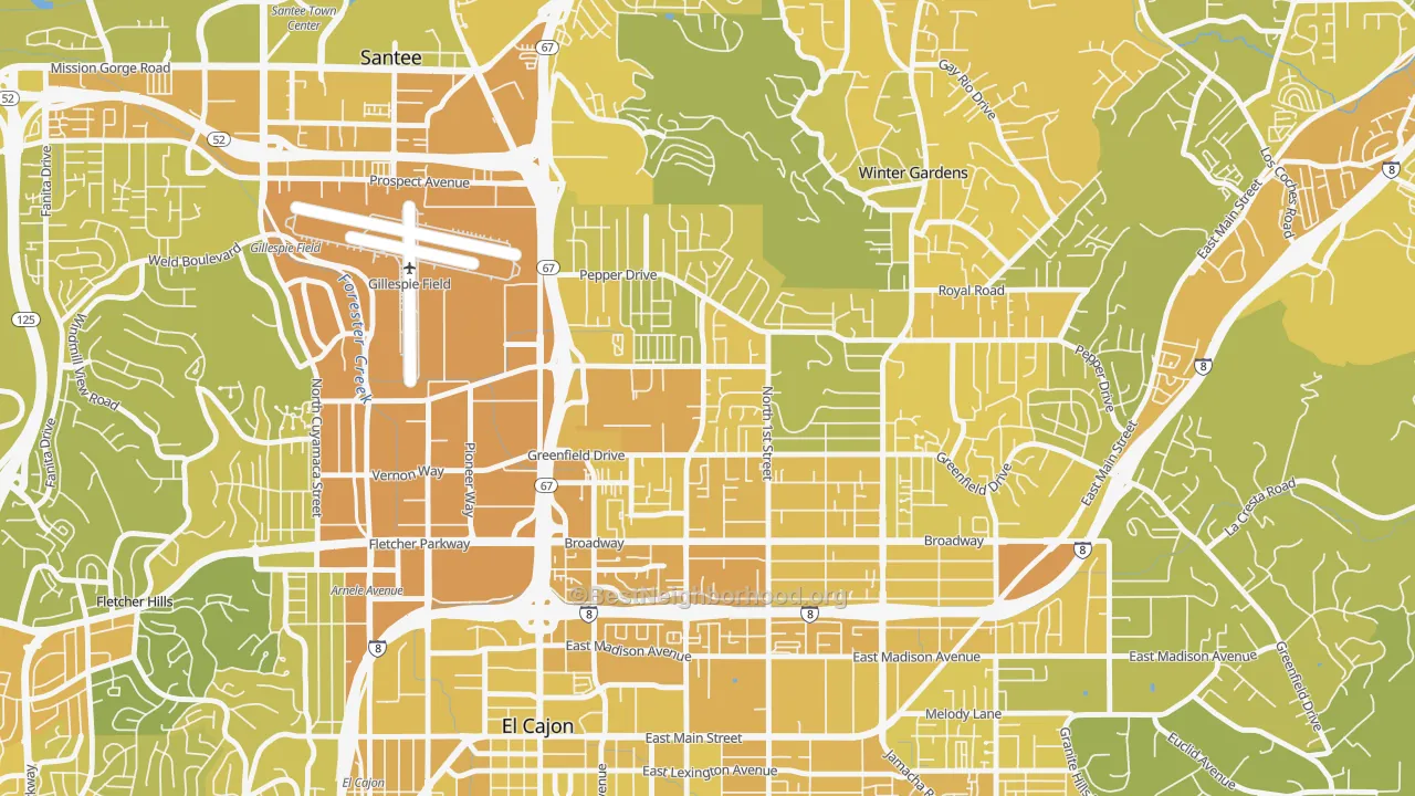 Map of the best neighborhoods in the Bostonia area, with better matches in green and worse matches in red