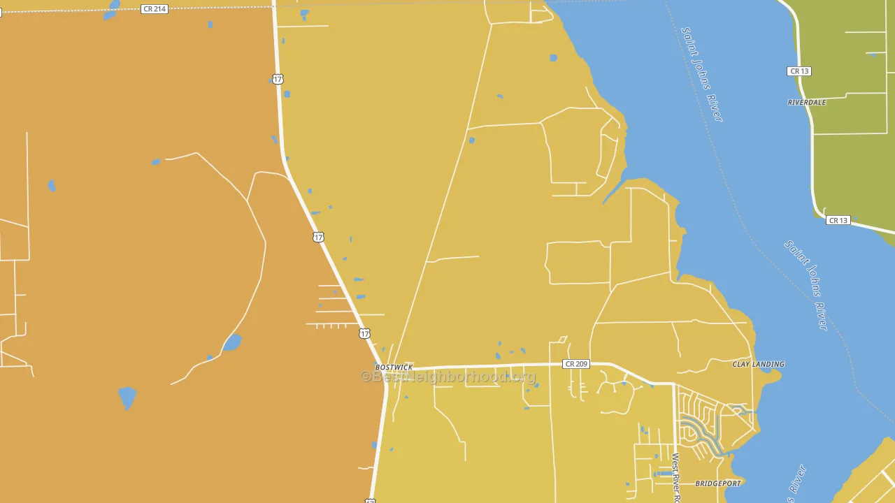 Map of the best neighborhoods in the Bostwick area, with better matches in green and worse matches in red