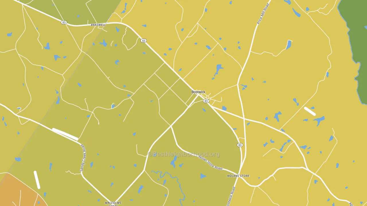 Map of the best neighborhoods in the Bostwick area, with better matches in green and worse matches in red