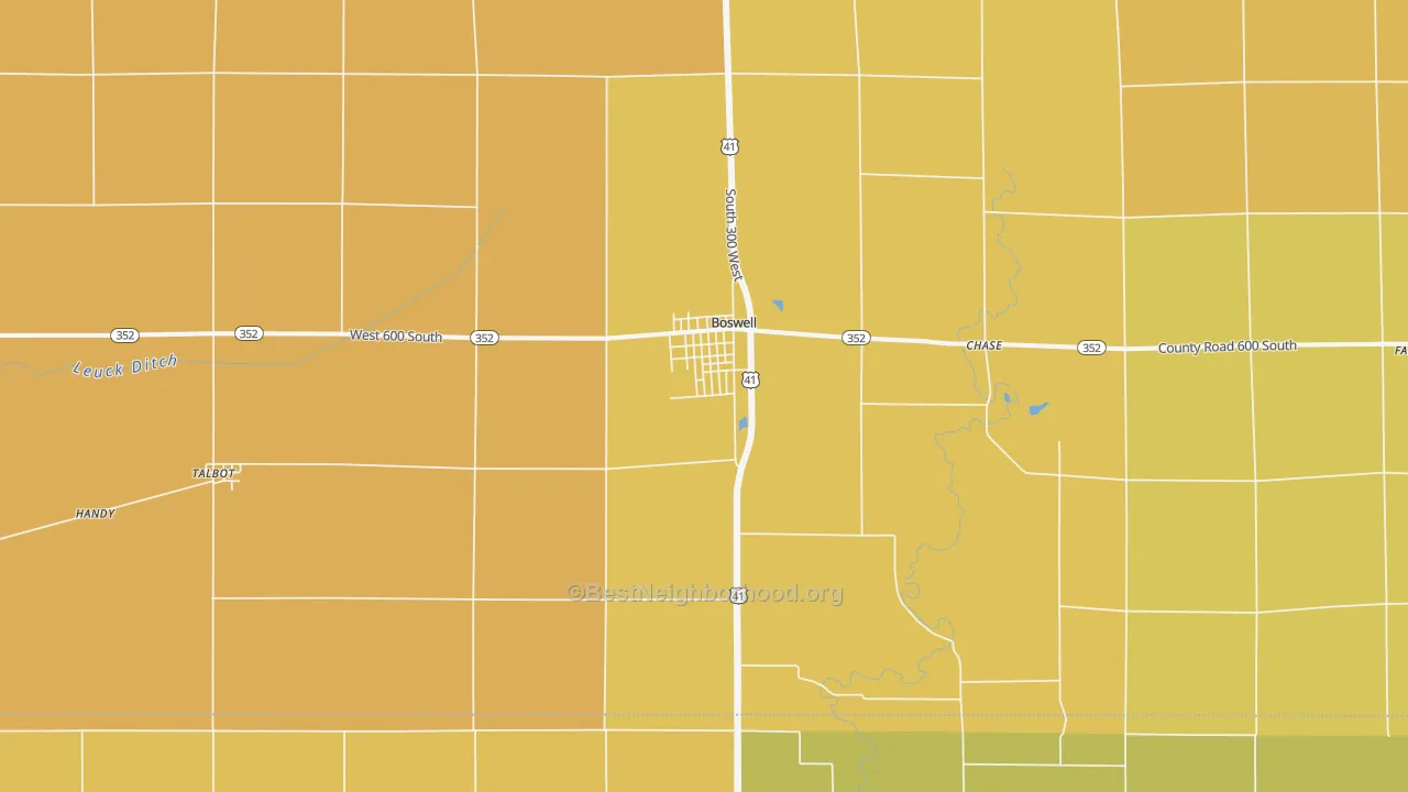 Map of the best neighborhoods in the Boswell area, with better matches in green and worse matches in red