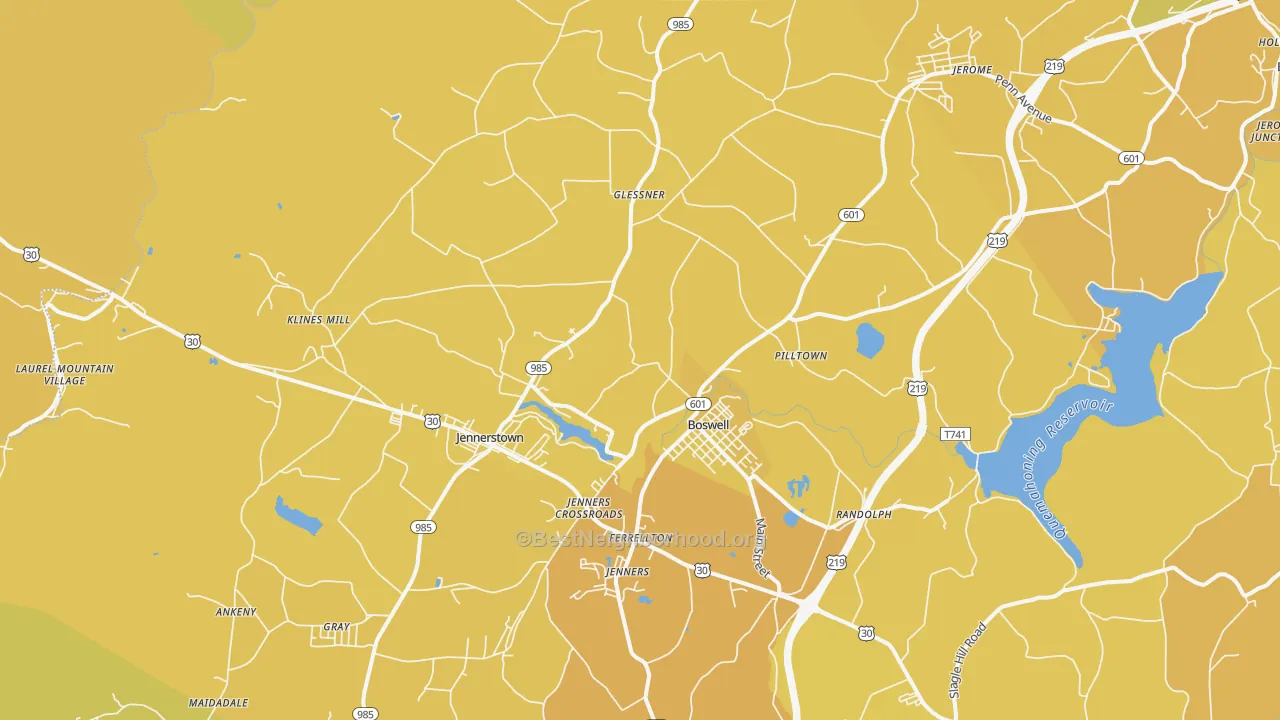 Map of the best neighborhoods in the Boswell area, with better matches in green and worse matches in red