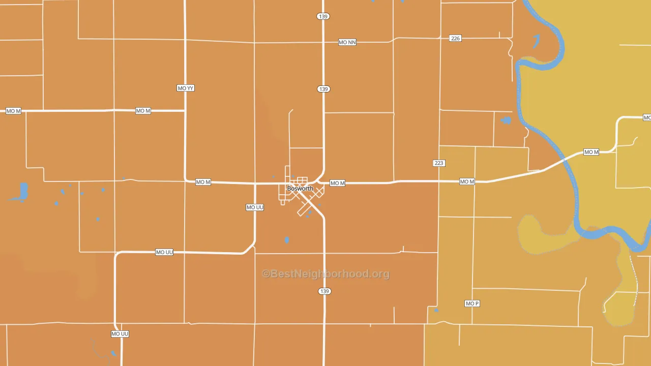 Map of the best neighborhoods in the Bosworth area, with better matches in green and worse matches in red