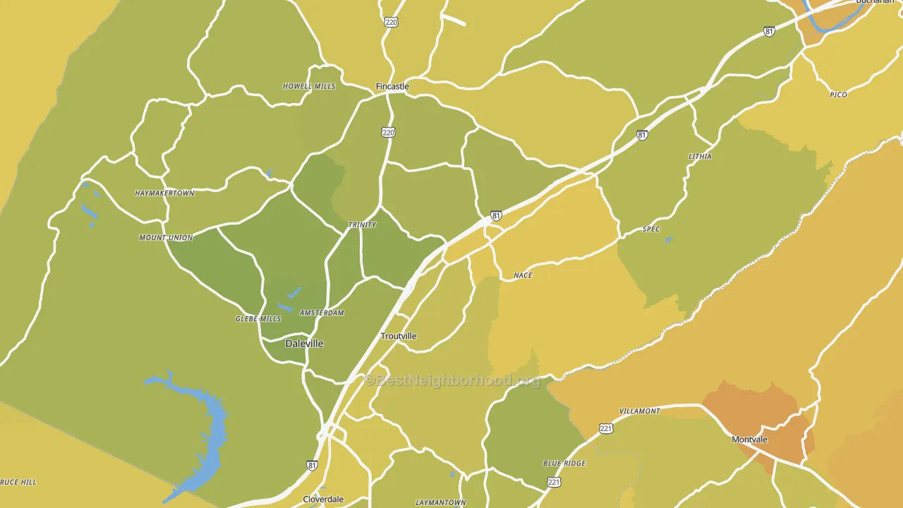Map of the best neighborhoods in the Botetourt County area, with better matches in green and worse matches in red