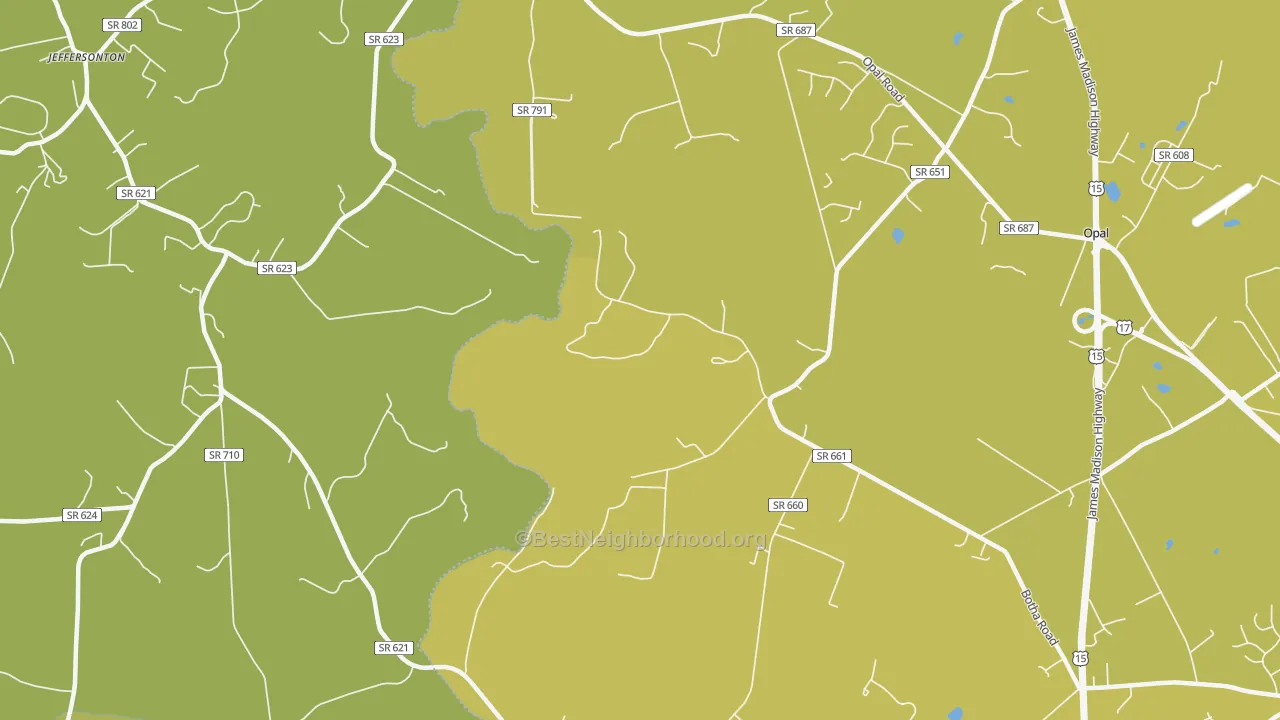 Map of the best neighborhoods in the Botha area, with better matches in green and worse matches in red