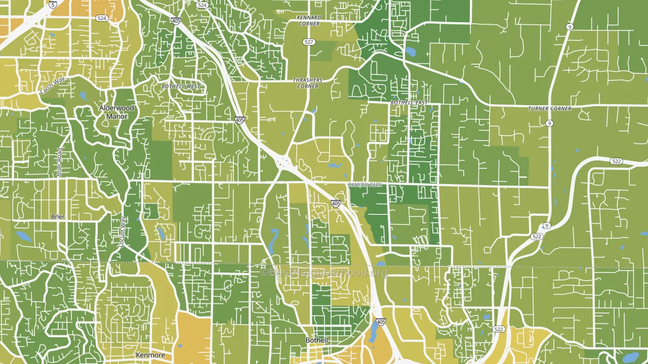 Map of the best neighborhoods in the Bothell area, with better matches in green and worse matches in red