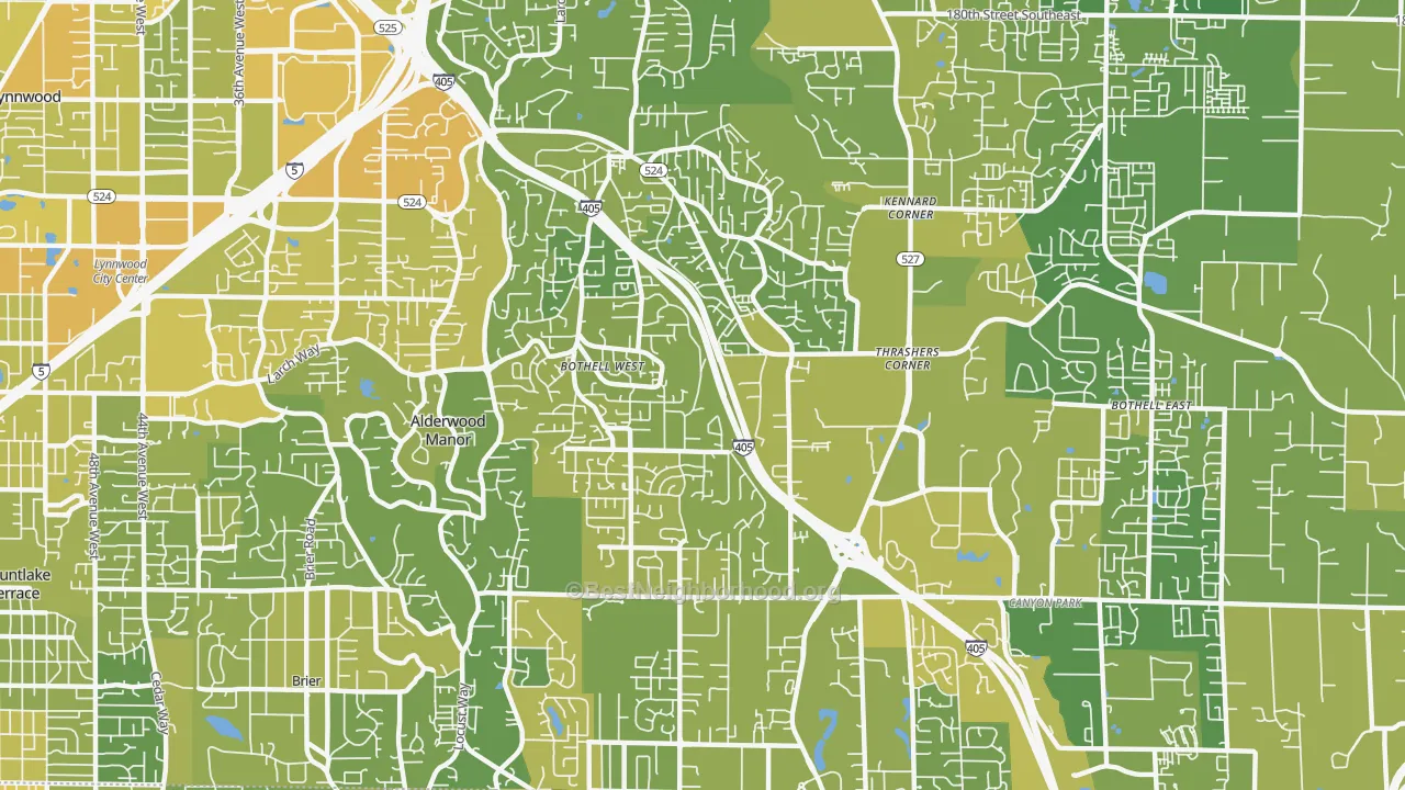 Map of the best neighborhoods in the Bothell West area, with better matches in green and worse matches in red