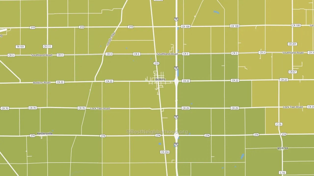 Map of the best neighborhoods in the Botkins area, with better matches in green and worse matches in red