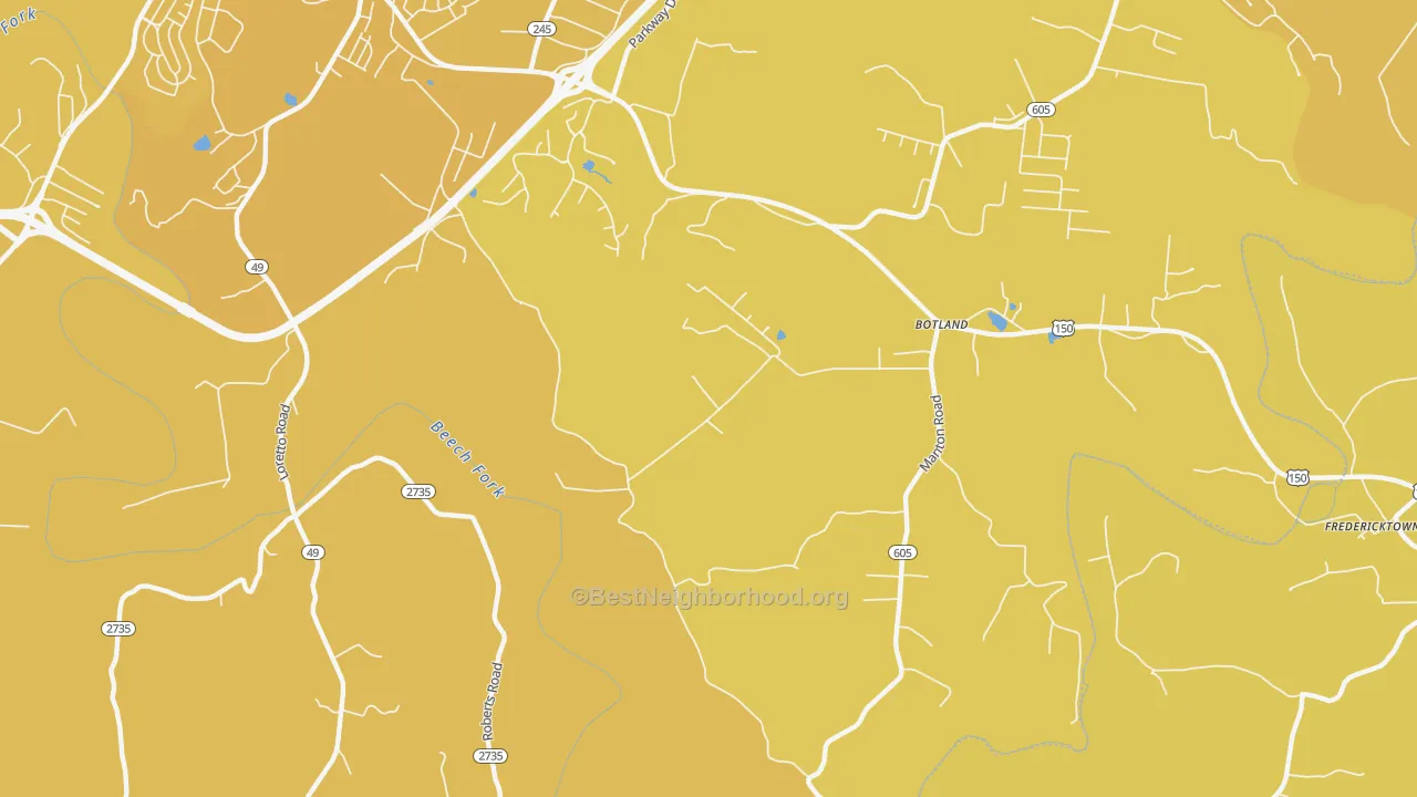 Map of the best neighborhoods in the Botland area, with better matches in green and worse matches in red