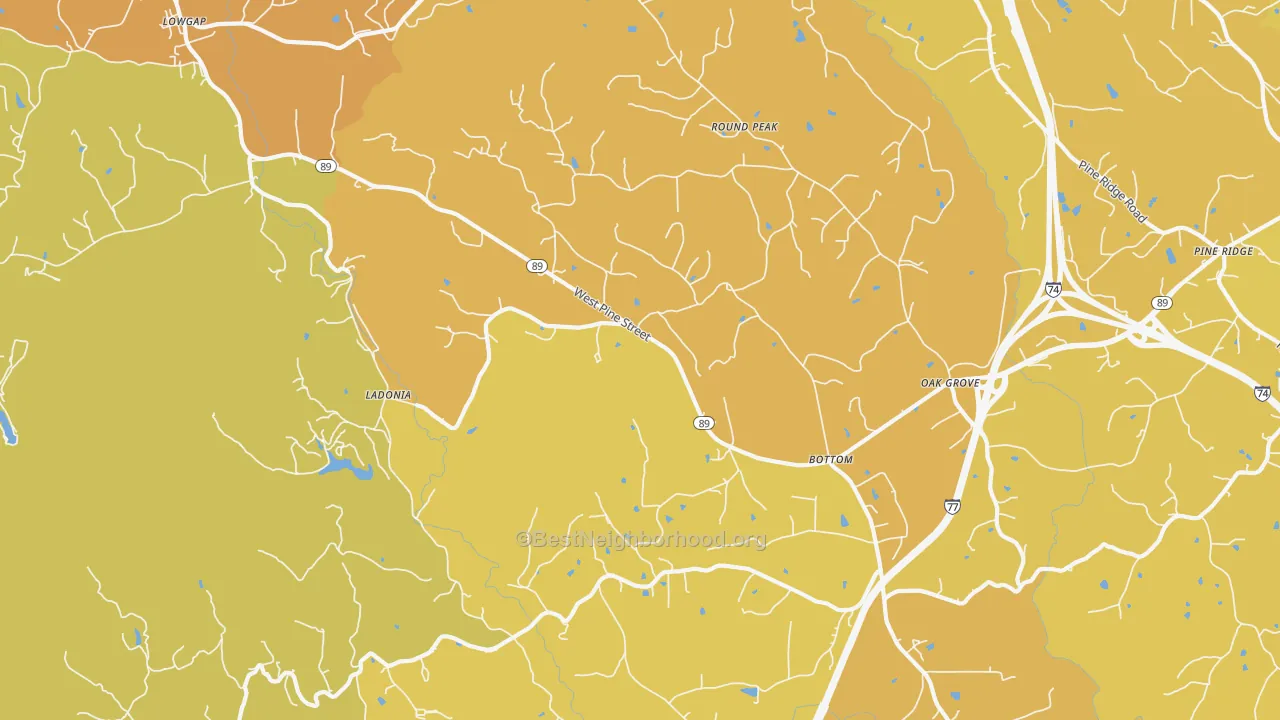 Map of the best neighborhoods in the Bottom area, with better matches in green and worse matches in red