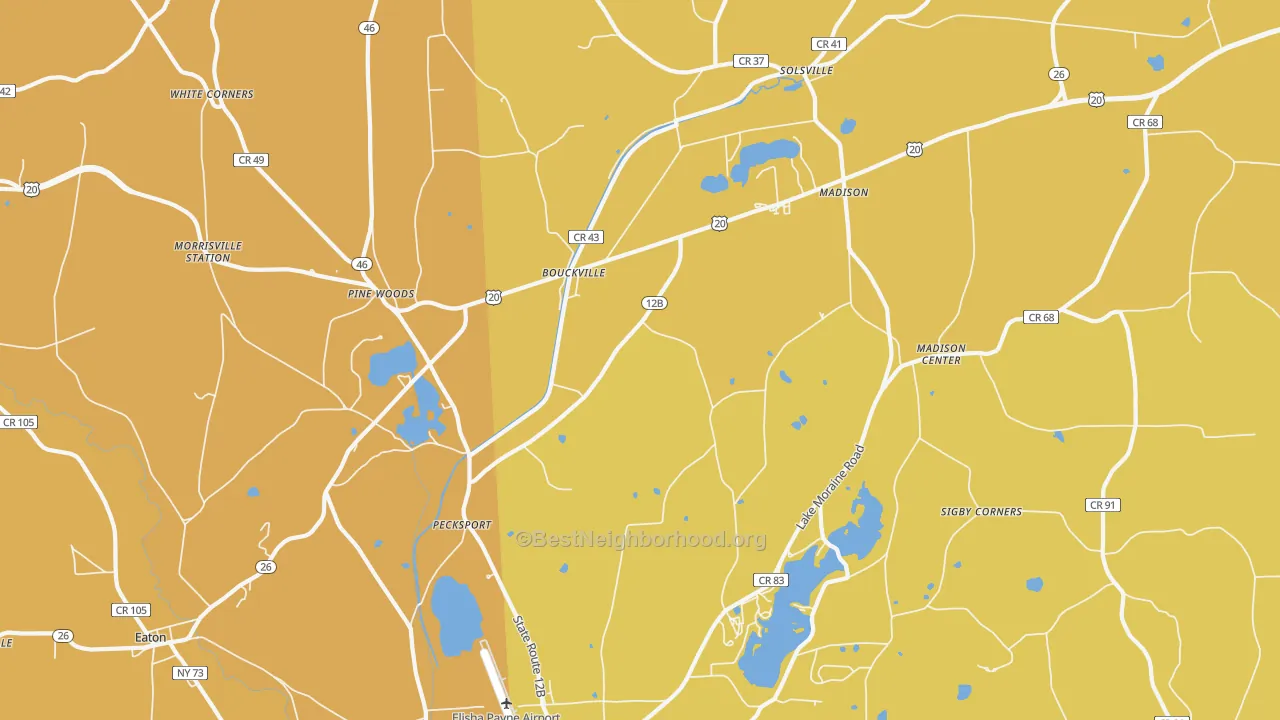 Map of the best neighborhoods in the Bouckville area, with better matches in green and worse matches in red