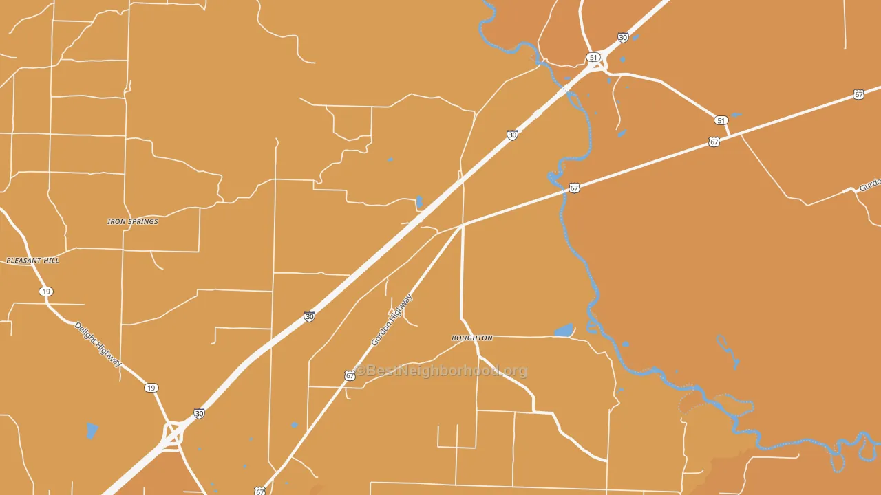 Map of the best neighborhoods in the Boughton area, with better matches in green and worse matches in red