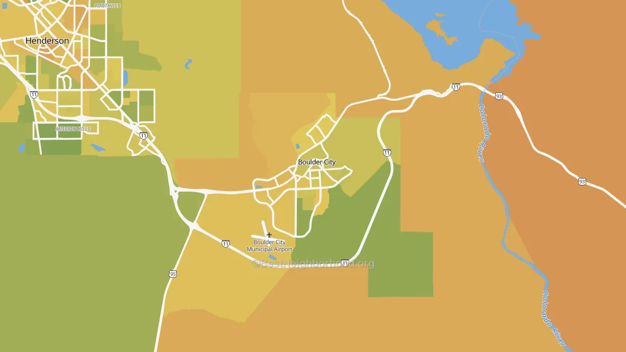 Map of the best neighborhoods in the Boulder City area, with better matches in green and worse matches in red