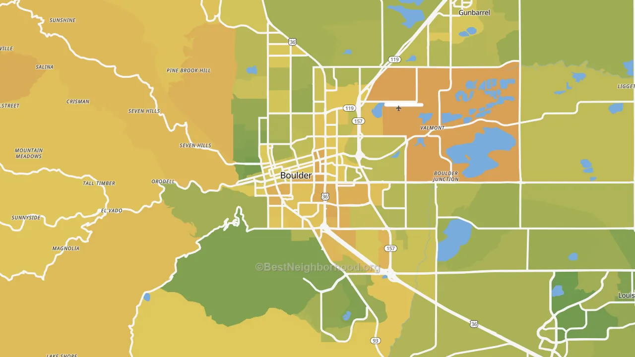 Map of the best neighborhoods in the Boulder Metro area, with better matches in green and worse matches in red