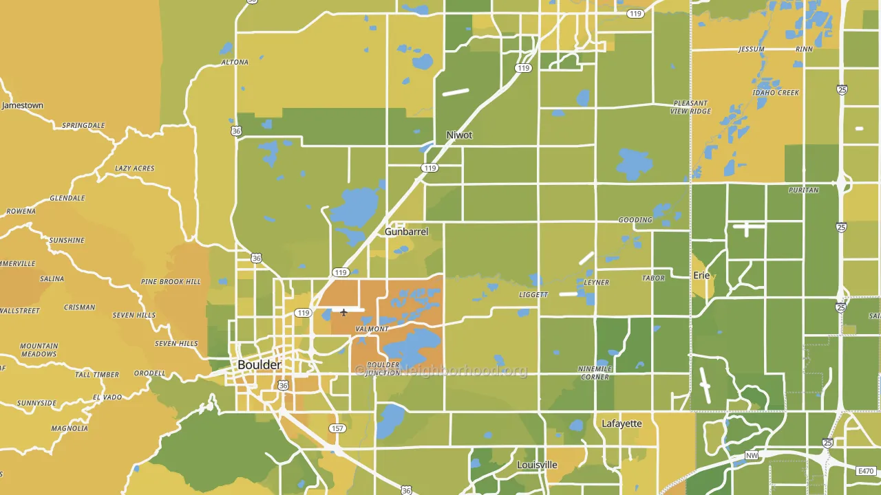 Map of the best neighborhoods in the Boulder County area, with better matches in green and worse matches in red