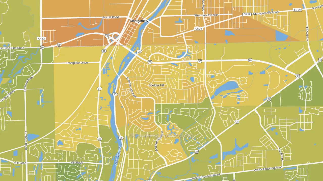 Map of the best neighborhoods in the Boulder Hill area, with better matches in green and worse matches in red