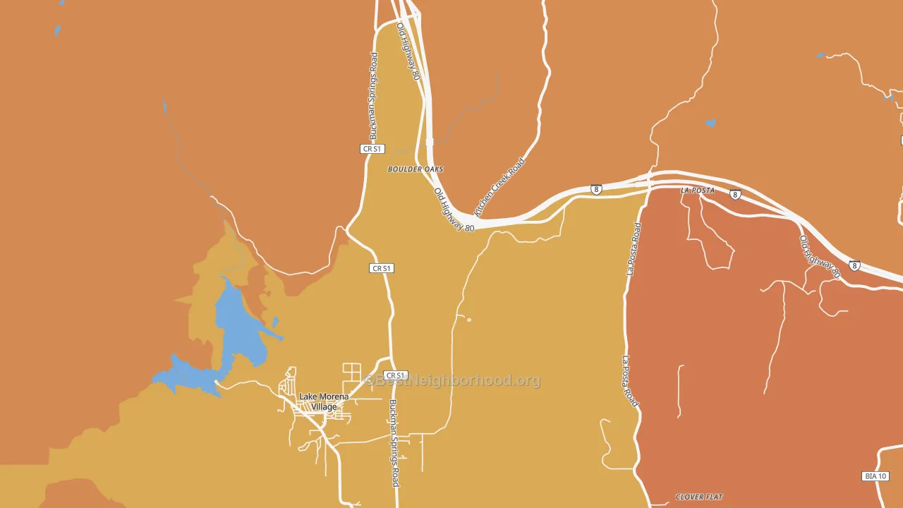 Map of the best neighborhoods in the Boulder Oaks area, with better matches in green and worse matches in red