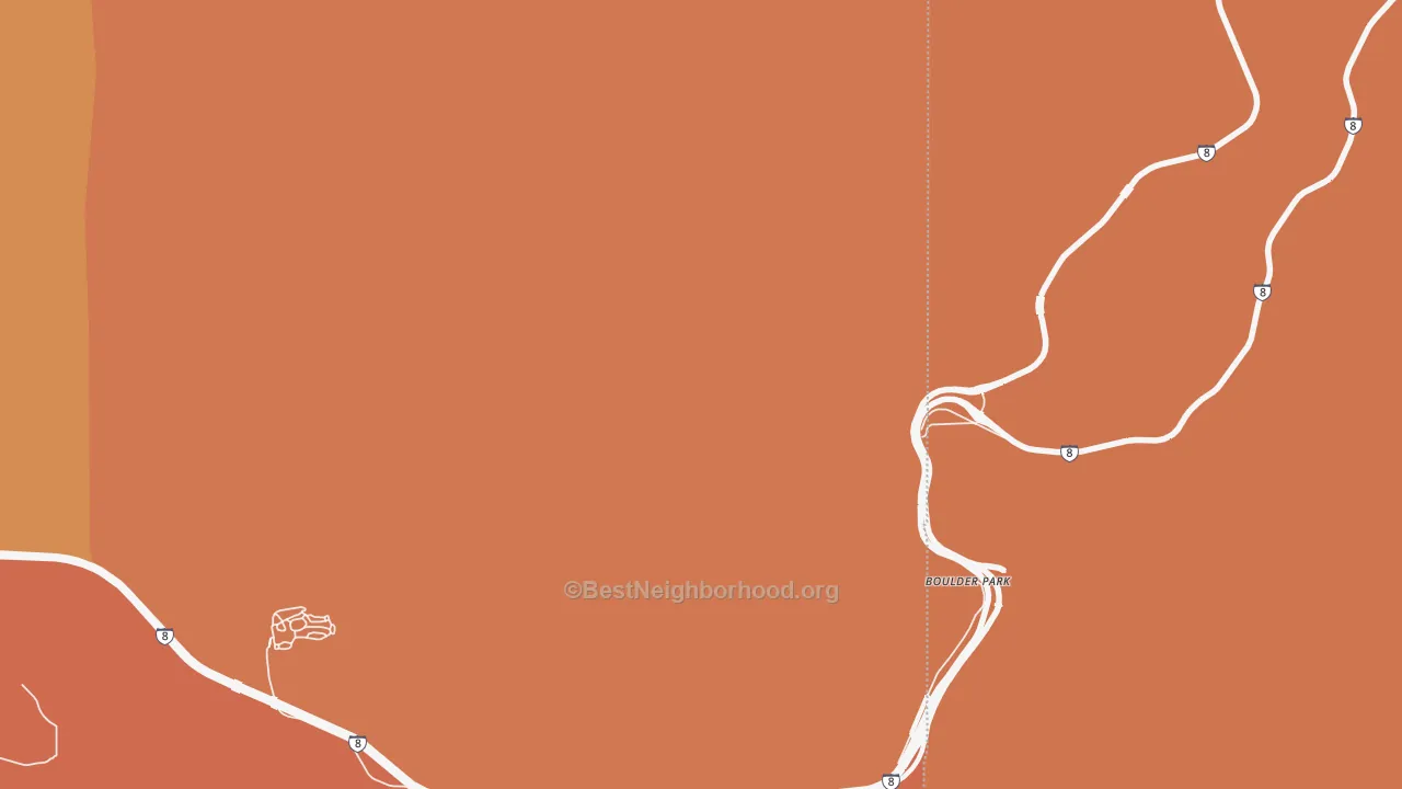 Map of the best neighborhoods in the Boulder Park area, with better matches in green and worse matches in red