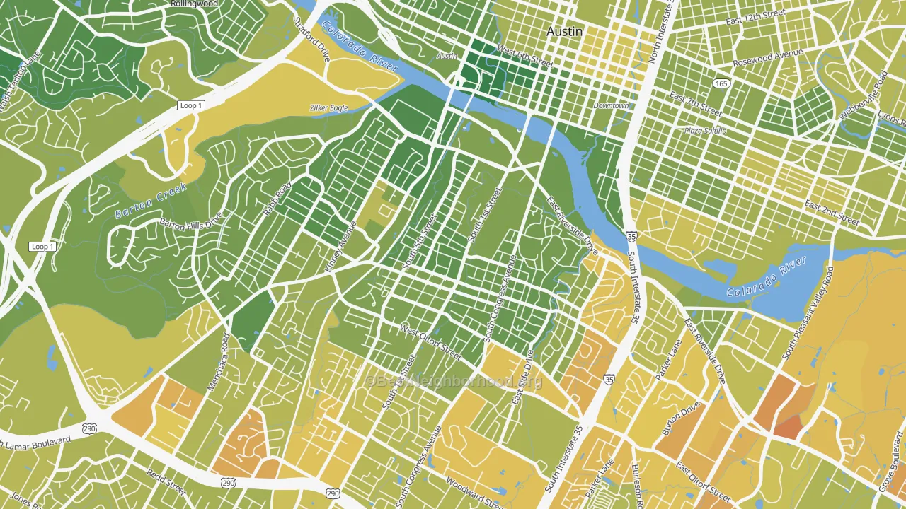Map of the best neighborhoods in the Bouldin, Austin area, with better matches in green and worse matches in red