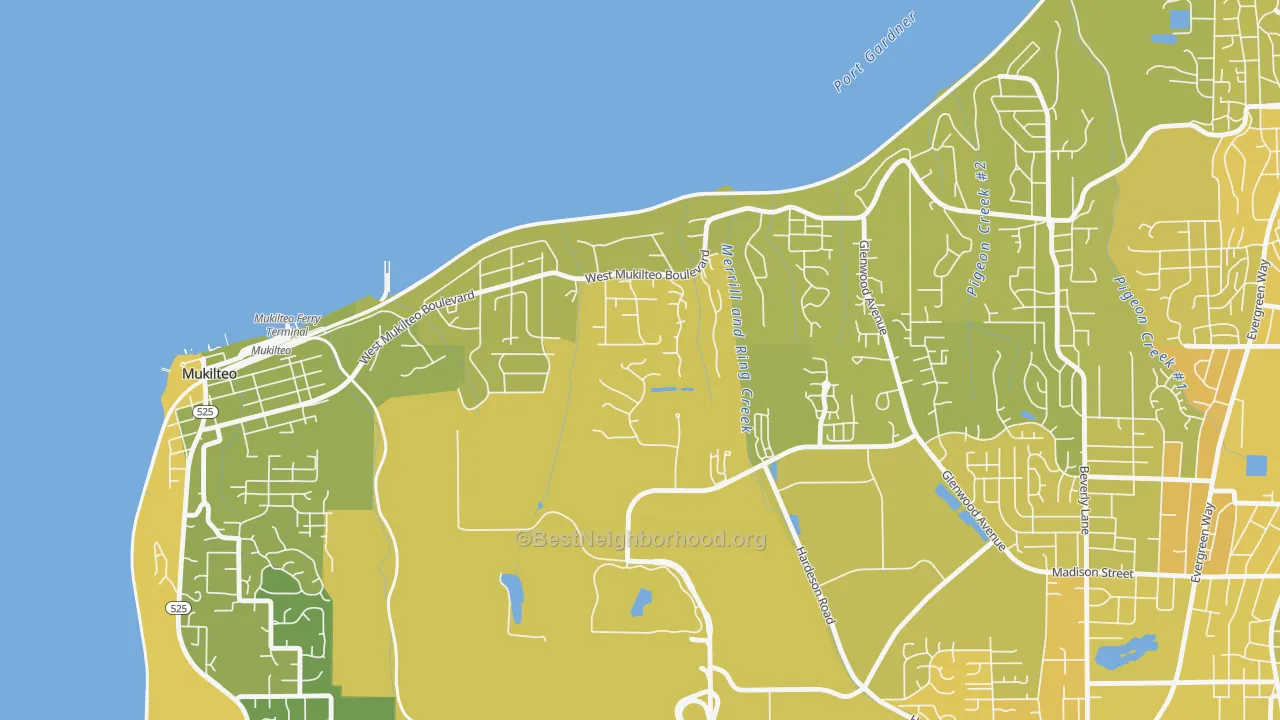 Map of the best neighborhoods in the Boulevard Bluffs, Everett area, with better matches in green and worse matches in red