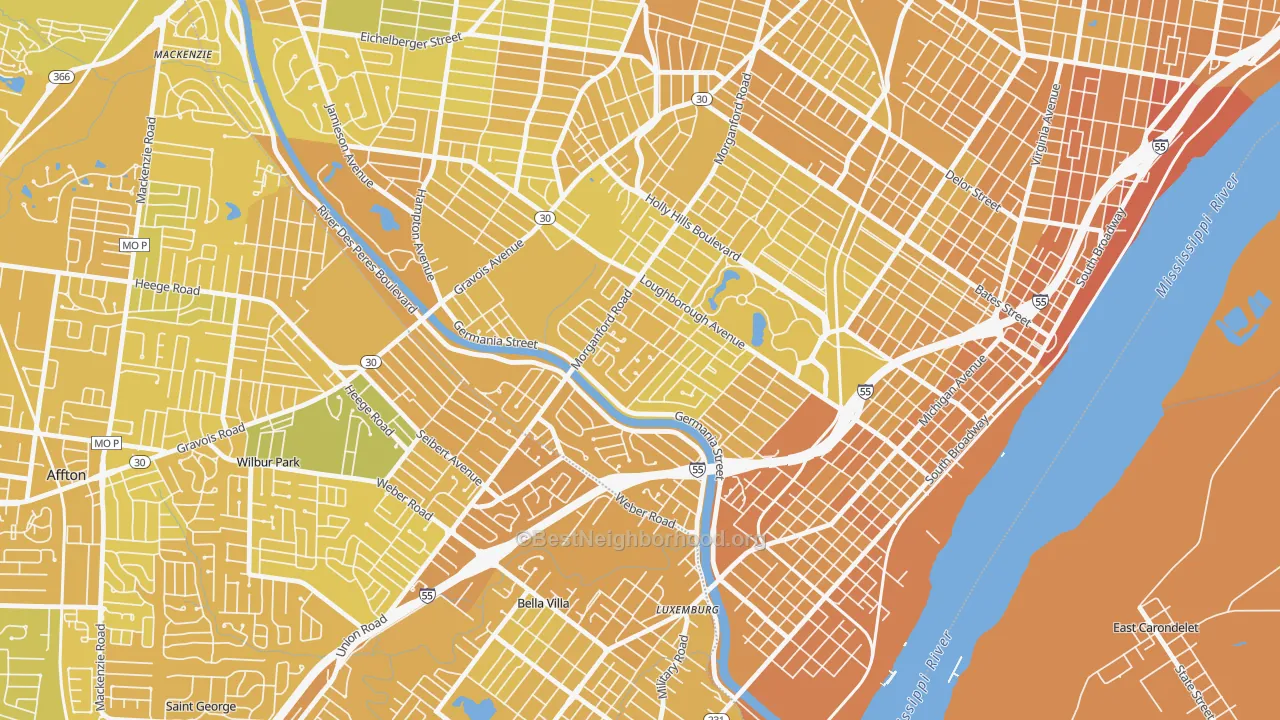 Map of the best neighborhoods in the Boulevard Heights, St. Louis area, with better matches in green and worse matches in red