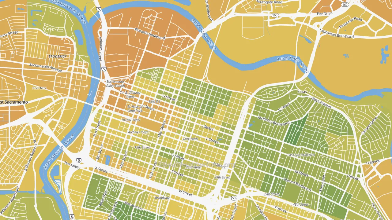 Map of the best neighborhoods in the Boulevard Park, Sacramento area, with better matches in green and worse matches in red