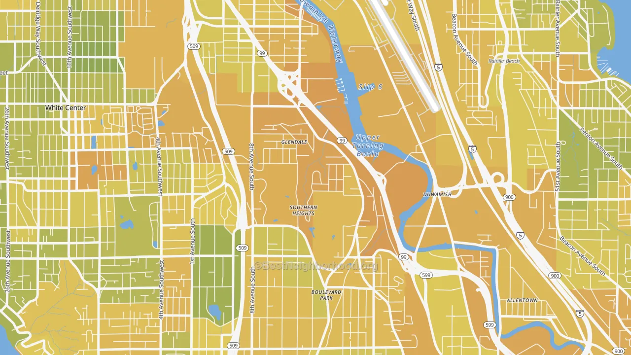 Map of the best neighborhoods in the Boulevard Park area, with better matches in green and worse matches in red