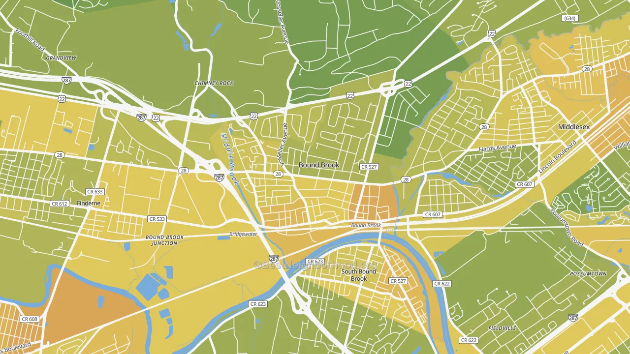 Map of the best neighborhoods in the Bound Brook area, with better matches in green and worse matches in red