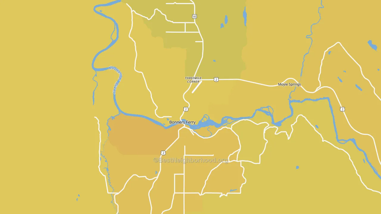 Map of the best neighborhoods in the Boundary County area, with better matches in green and worse matches in red