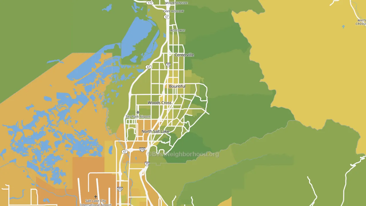 Map of the best neighborhoods in the Bountiful area, with better matches in green and worse matches in red