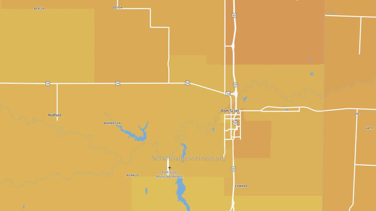 Map of the best neighborhoods in the Bourbon County area, with better matches in green and worse matches in red