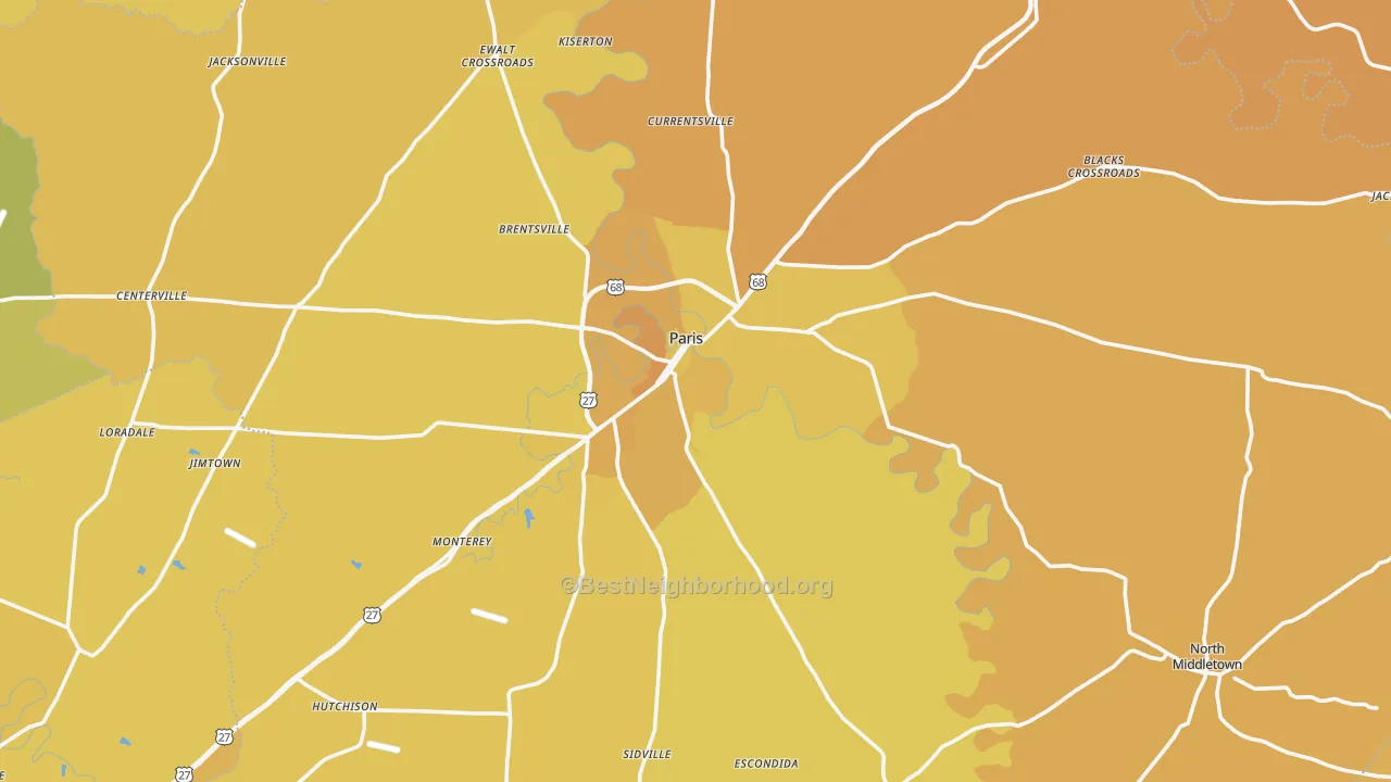 Map of the best neighborhoods in the Bourbon County area, with better matches in green and worse matches in red