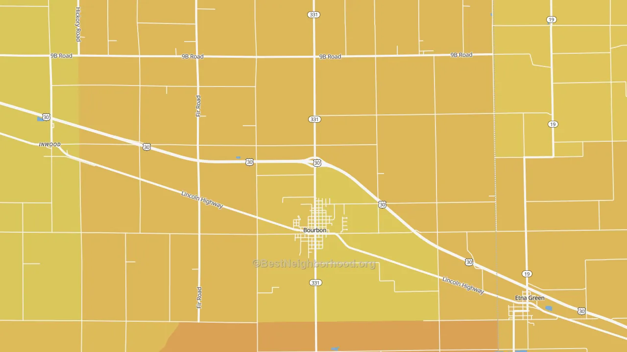 Map of the best neighborhoods in the Bourbon area, with better matches in green and worse matches in red