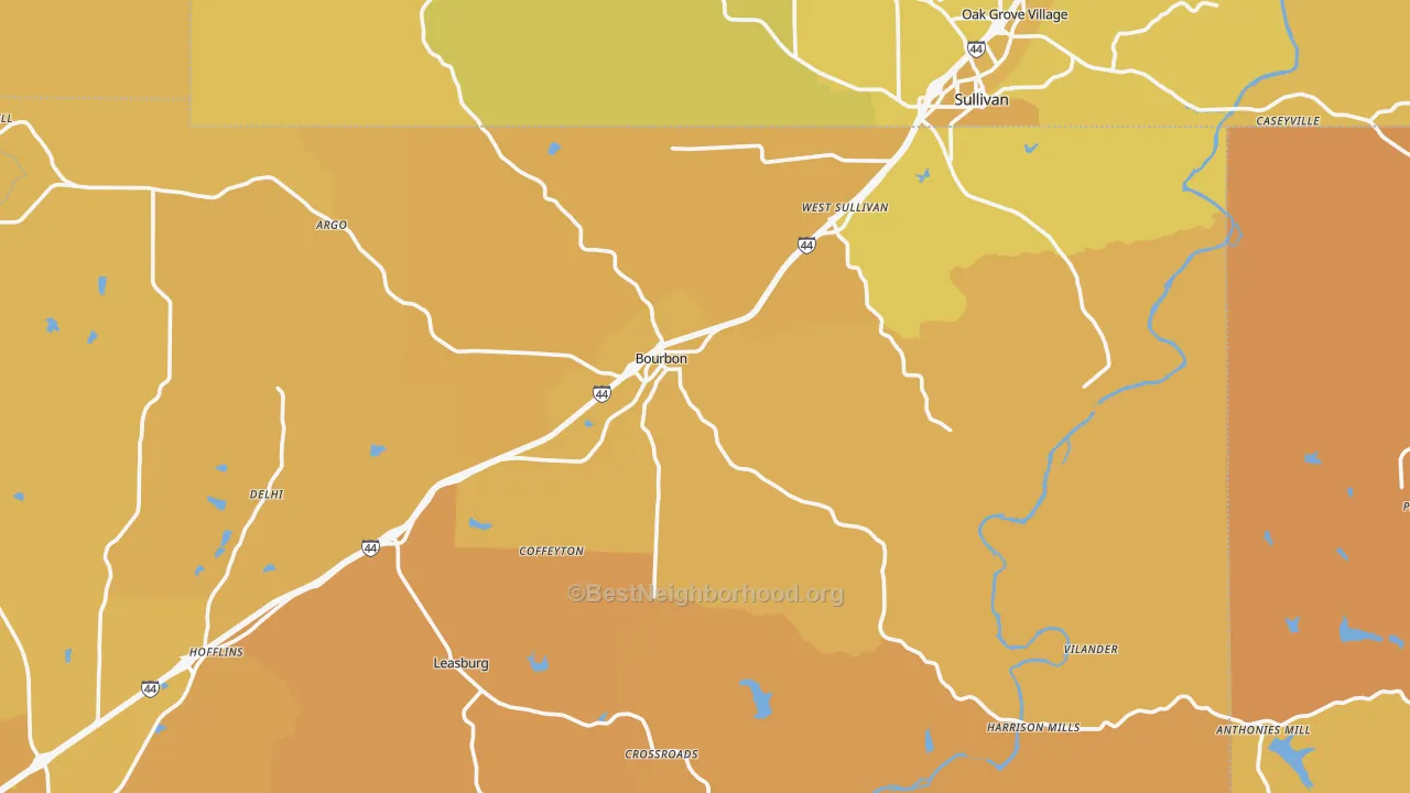 Map of the best neighborhoods in the Bourbon area, with better matches in green and worse matches in red