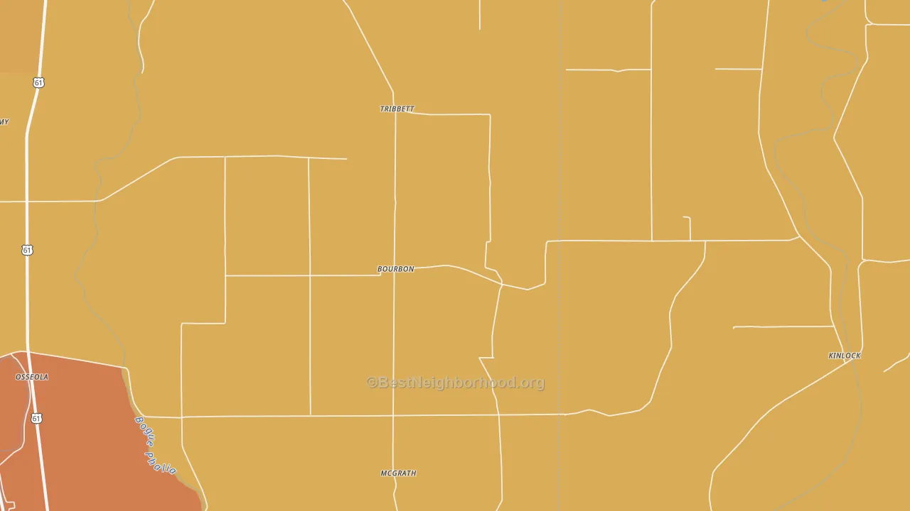 Map of the best neighborhoods in the Bourbon area, with better matches in green and worse matches in red