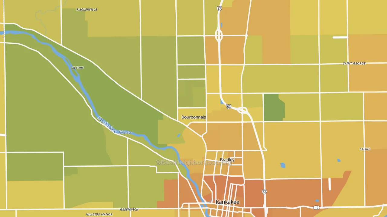 Map of the best neighborhoods in the Bourbonnais area, with better matches in green and worse matches in red